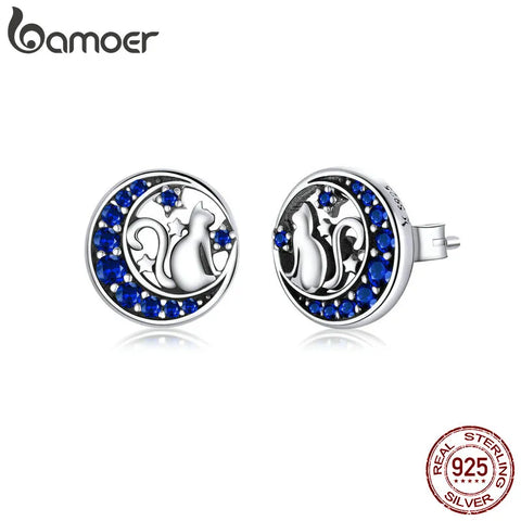 Bamoer Genuine 925 Sterling Silver Blue Zircon Crescent Moon Stud Earrings Cat on the Moon Fairy Ear Pins for Women SCE880