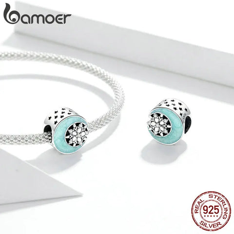 bamoer 925 Sterling Silver Round Beads Snowflake Charms Pendant Fit Women Bracelet or Necklace Fine Jewelry Christmas Gift