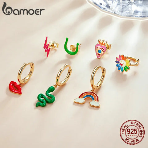 bamoer 1Piece Gold Enamel Rainbow Earring 925 Sterling Silver Love Eye Earring Red Lip Snake Sunflower Pink Lightning Earring