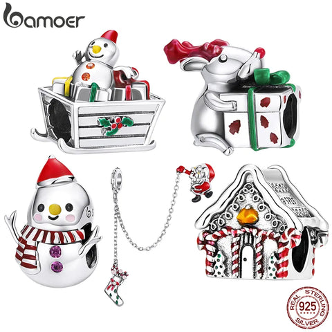 Bamoer 925 Sterling Silver Cute Snowman Charms Fit for DIY Making Bracelet or Bangle Reindeer Charms Fine Jewelry Christmas Gift