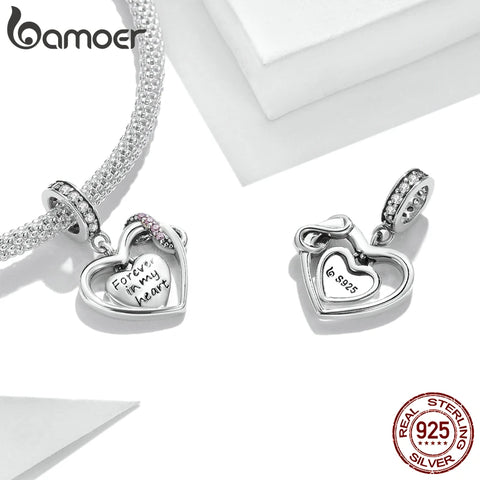 bamoer 925 Sterling Silver Shining Infinite Love Charm Forever Heart Pink Zircon Hollow Bead Pendant for Bracelet