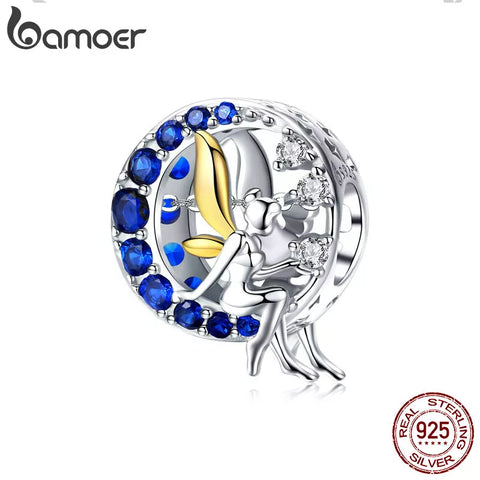 BAMOER Silver Charms  925 Sterling Silver Blue Moon Lunar Angel Round Beads for Women Jewelry Making DIY Bracelet Jewelry BSC070