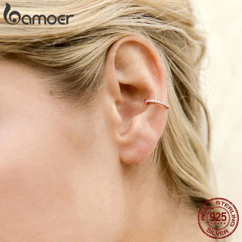 bamoer 925 Sterling Silver 14K Gold Plated Cubic Zirconia Sparkling Huggie Ear Cuff Gold Earrings for Women | Clip On Cartilage