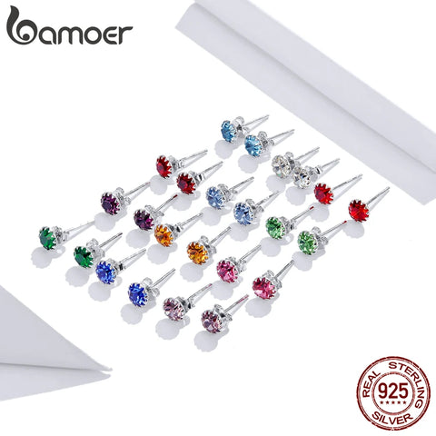 bamoer Birth Stone AAA Cubic Zircon Stud Earring 925 Sterling Silver Birthstone Ear Stud April Gifts Silver Jewelry SCE862
