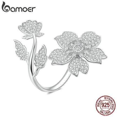 Bamoer 925 Sterling Silver Spring Sakura Opening Finger Ring Flower Adjustable Ring for Women Zircon Fine Jewelry BSR076