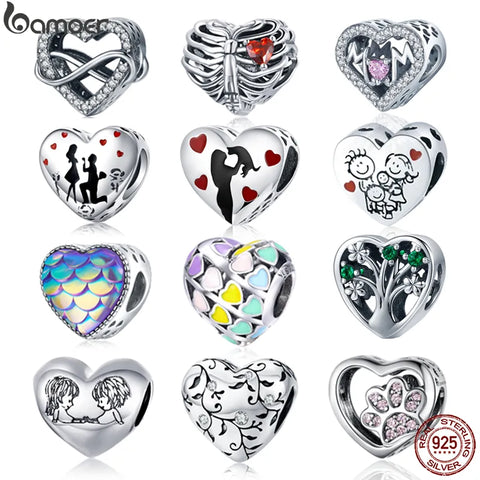 bamoer Authentic 925 Sterling Silver Love Family Heart Metal Beads for Jewelry Making Silver Charm fit Original Bracelet BSC237