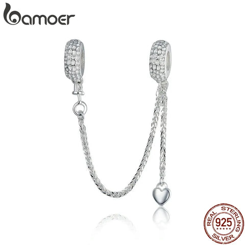 Bamoer 925 Sterling Silver Gold and Silver Tire Safety Chain Heart Shape Flower Connection Fit Bracelet Bangle Jewelry SCC111