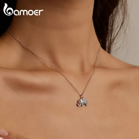 Bamoer Genuine 925 Sterling Silver Exqusite Baby Elephant Pendant Clear CZ Silver Chain Necklace for Women Fine Jewelry Gift