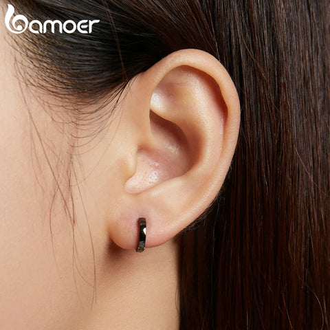 bamoer New 925 Sterling Silver Black Gold Ear Buckles Simplicity Hoop Earrings Korean for Women Men DIY Fashion Jewelry SCE1230