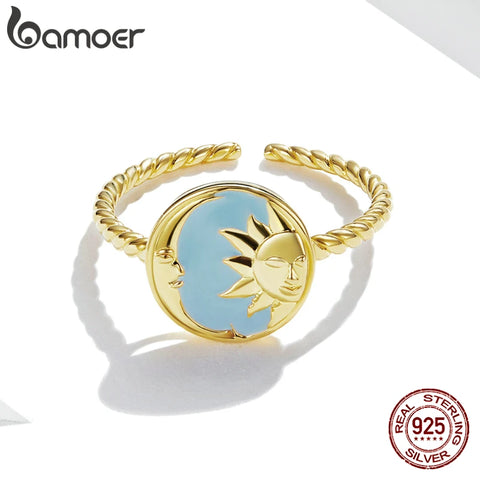bamoer Myth Gold 925 Sterling Silver Open Ring Splendid Sun Moon Ring Unique Hexagram Six-pointed Star Ring Adjustable Anillo