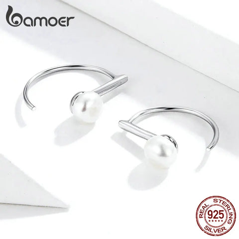 BAMOER Silver 925 Jewelry Earrings Circle Geometric Stud Earrings for Women Shell Pearl Earings Female Korea Jewelry SCE604