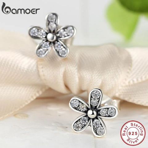 BAMOER Authentic 925 Sterling Silver Dazzling Daisy Stud Earrings With Clear CZ Jewelry