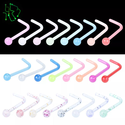 8Pcs/set Acrylic L Shape Nose Stud Pack 20G Glow in the Dark Nose Ring Set Nose Stud Lot Body Piercing Jewelry Nariz Pin