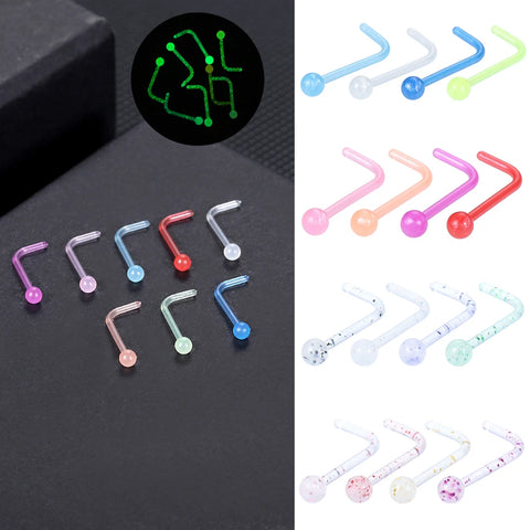 8Pcs/set Acrylic L Shape Nose Stud Pack 20G Glow in the Dark Nose Ring Set Nose Stud Lot Body Piercing Jewelry Nariz Pin