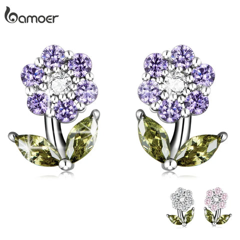 BAMOER 925 Sterling Silver Shining GemStone Delicate Flower Stud Earrings for Women Platinum Plated Fine Jewelry Engagement Gift