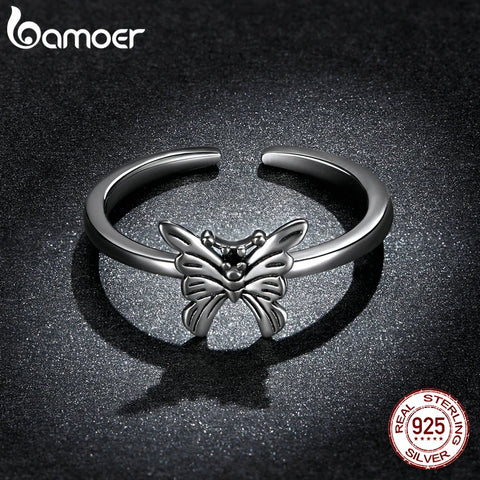 bamoer 925 Sterling Silver Swallowtail Butterfly Ring Frog Dragonfly Ring Rose Ring for Women Anillo Open Ring Jewelry Wedding
