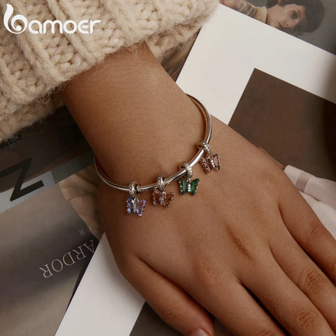 bamoer Authentic Butterfly Dream Pink Zircon 925 Sterling Silver Charm Pendant for Women Bracelet Bangle Necklace Jewelry BSC423