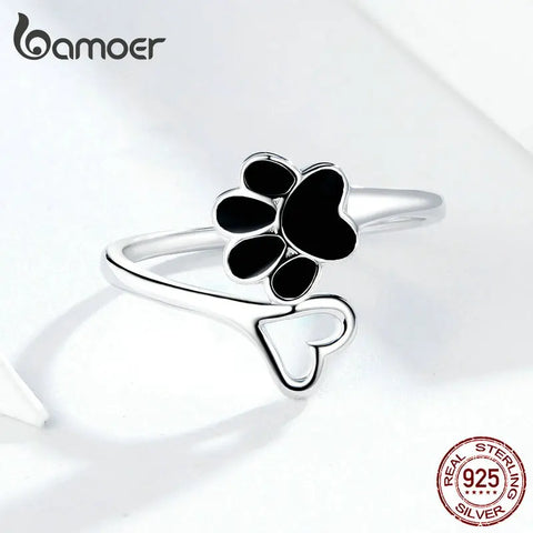 bamoer Authentic Sterling Silver 925 Black Enamel Dog Paw Heart Adjustable Finger Rings for Women  Jewelry Accessories SCR584
