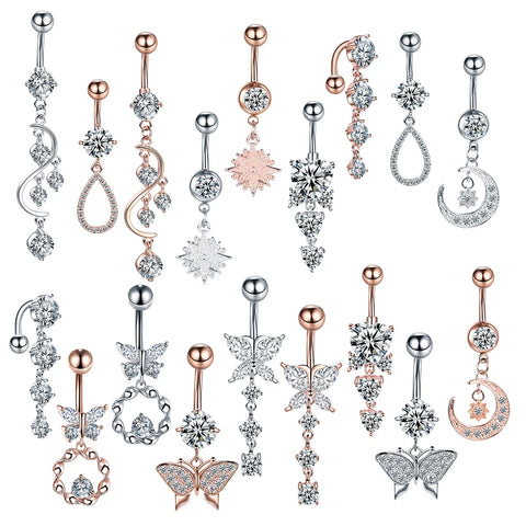 316L Surgical Steel 18 Styles Sexy Dangling Navel Belly Button Ring Oreja 14G Zircon Navel Ring for Women Body Piercing Jewelry