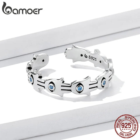 Bamoer Lucky Fatima Hand Women Ring Genuine 925 Sterling Silver Open Size Stackable Hand of Fatima Silver Ring Fine Jewelry