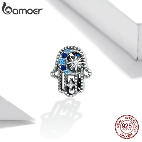 bamoer 100% 925 Sterling Silver Genuine Lucky Hand Blue CZ Star Moon Charm for Original Bracelet Bangle Women DIY Jewelry BSC440