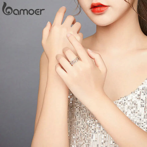 bamoer Genuine 925 Sterling Silver Woven Texture Ring Open Adjustable Finger Rings for Women Statement Wedding Jewelry SCR675