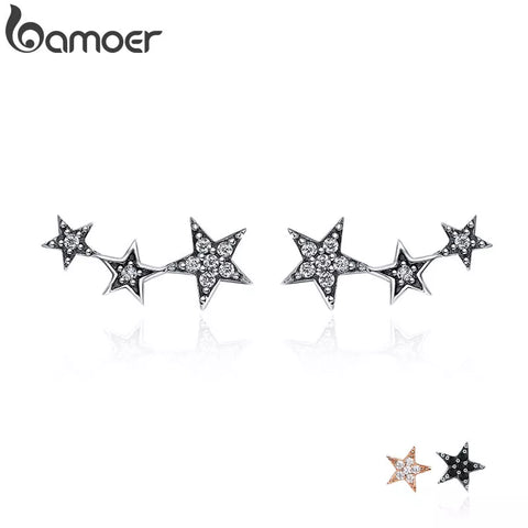 BAMOER Authentic 925 Sterling Silver CZ Exquisite Stackable Star Earrings for Women Jewelry Valentine's Day Gift SCE175