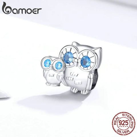 bamoer Owl Mom and Baby Metal Charm 925 Sterling Silver Animal Guardian Charm fit Original Bracelet Jewelry Accessories BSC238