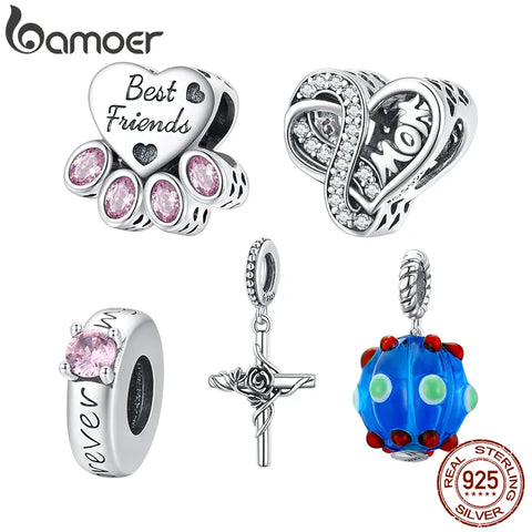 bamoer 925 Sterling Silver Infinite Love Charm Mom Blue Glass Bead Rose Cross for Original Bracelet Bangle Women Fashion Jewelry