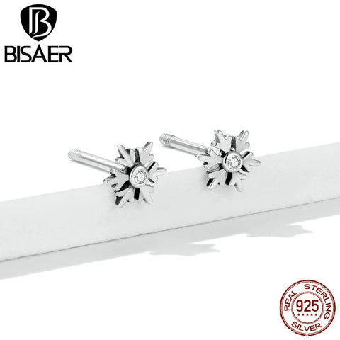 BISAER Authentic 925 Sterling Silver Snowflake Jewelry Set Sparkling Zircon Earrings Open Ring For Women Wedding Party Gift