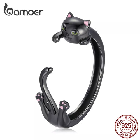 Bamoer 925 Sterling Silver Creative Dark Black Cat Silver Ring for Women Girls Gift Adjustable Ring Jewelry Anillo BSR217
