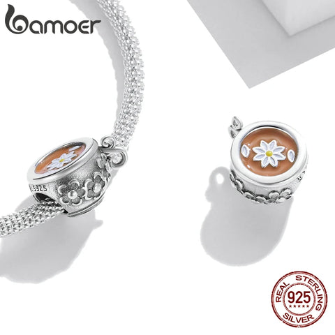 bamoer Authentic 925 Sterling Silver Flower Teacup Charm Coffee Charm Wine Glass Bead for Original Bracelet DIY Fine Jewelry