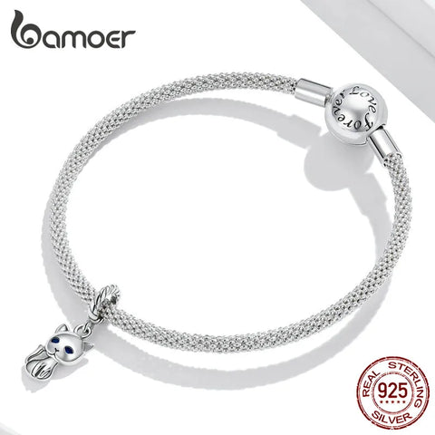 bamoer Genuine 925 Sterling Silver Cute Cat Animal Charm Pendant fit Original Bracelet &Bangle DIY Jewelry Making SCX122