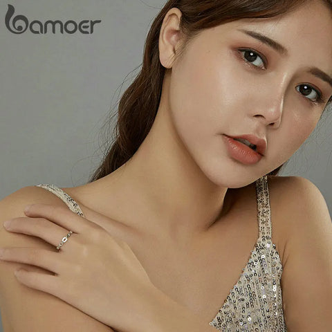 bamoer Genuine 925 Sterling Silver Geometric Chain Ring Finger Rings for Women Wedding Band Engagement Statement Jewelry BSR145