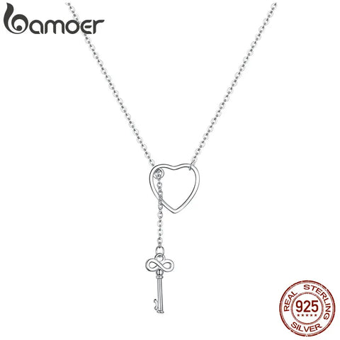 BAMOER 925 Sterling Silver Sweet Key of Heart Lock Link Chain Necklaces & Pendants Women Luxury Sterling Silver Jewelry SCN107