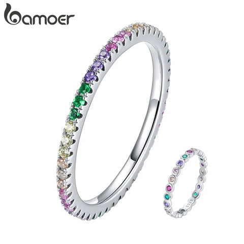 bamoer 925 Sterling Silver Rainbow Zircon Stackable Band Ring for Women Trendy Fashion Dazzling CZ Stone Anillos Jewelry Gift