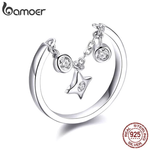 BAMOER Silver Rings 925 Stelring Silver Chain Ring for Women Clear CZ Star Ajudtable Rings Female Jewelry Wedding Gifts SCR408