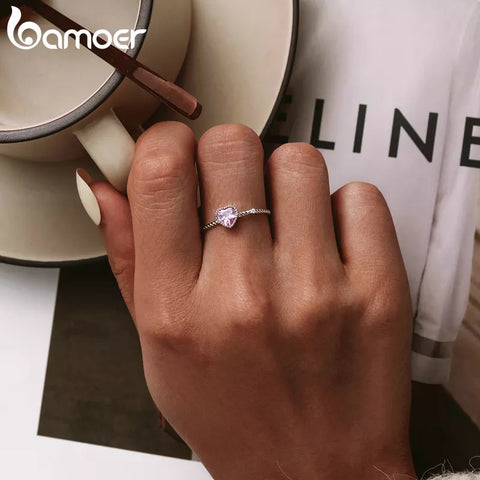bamoer Real 925 Sterling Silver Pink Love CZ Ring For Fashion Women Cute Fine Jewelry Wedding Accessories Gift BSR157
