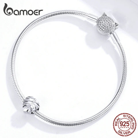 bamoer 925 Sterling Silver Metal Charm for Original Brand Bracelet & Bangle Plant Leaf Monstera Deliciosa Popular Jewelry BSC141