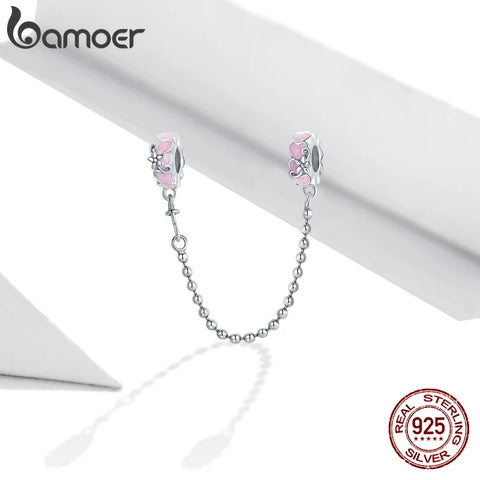 bamoer 100% 925 Sterling Silver Enamel Purple Glass Safety Chain Charm for Original Women Bracelet with Silicone Stopper SCC1799