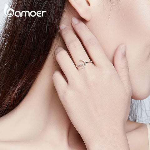 BAMOER Genuine 925 Sterling Silver Guardian Luna Adjustable Finger Ring for Women Geometric Ring Fine Jewelry Engagement Gift