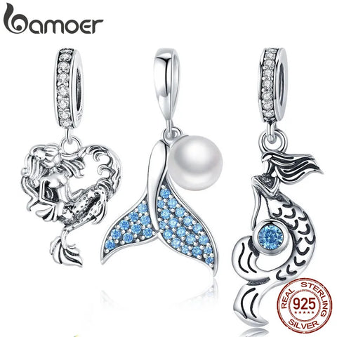 BAMOER Genuine 925 Sterling Silver The Mermaid's Tail Quality Shell Pearl Pendant Charm fit Charm Bracelet DIY Jewelry SCC877