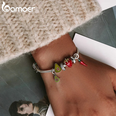 bamoer 925 Sterling Silver Jewelry Green Enamel Avocado Fruit Charm for Original Silver Bracelet 3mm Women Jewelry Making BSC129