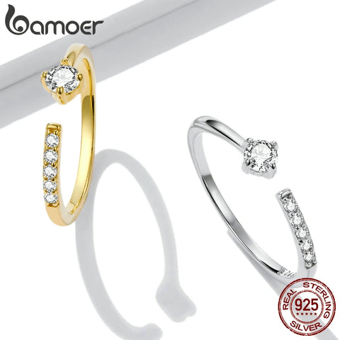 BAMOER Simple 925 Sterling Silver Clear Zircon Band for Women Stackable Jewelry Adjustable Ring