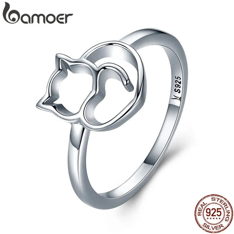 BAMOER Authentic 100% 925 Sterling Silver Cute Little Cat & Heart Finger Ring for Women Sterling Silver Jewelry Gift SCR104