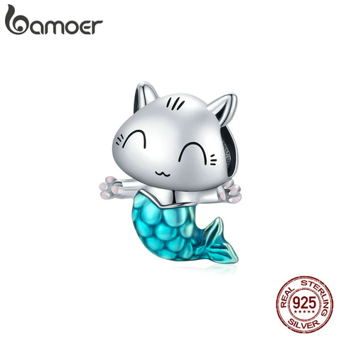 bamoer 925 Sterling Silver Kitty Mermaid Charm Blue Enamel Bead Pendant for Charm Bracelet Bangle DIY Making for Girl