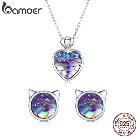 Bamoer Fish Scale Heart Necklace & Cat Ear Studs Authentic 925 Sterling Silver Heart Stud Earrings Female Gift Fine Jewelry Set
