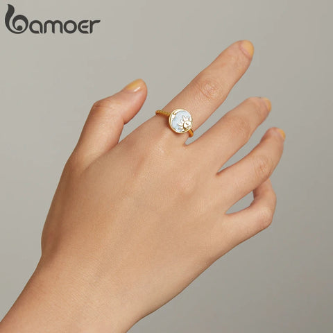 bamoer Myth Gold 925 Sterling Silver Open Ring Splendid Sun Moon Ring Unique Hexagram Six-pointed Star Ring Adjustable Anillo