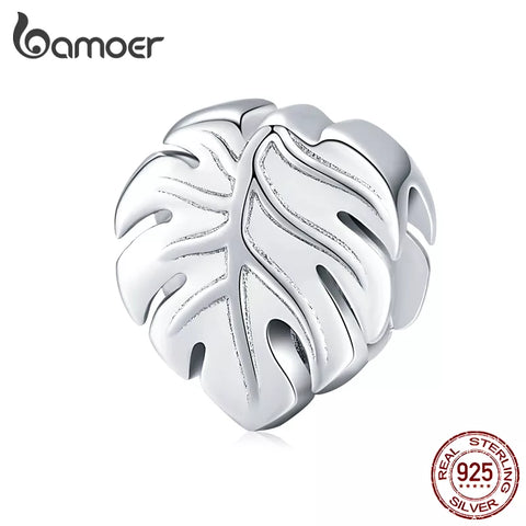 bamoer 925 Sterling Silver Metal Charm for Original Brand Bracelet & Bangle Plant Leaf Monstera Deliciosa Popular Jewelry BSC141