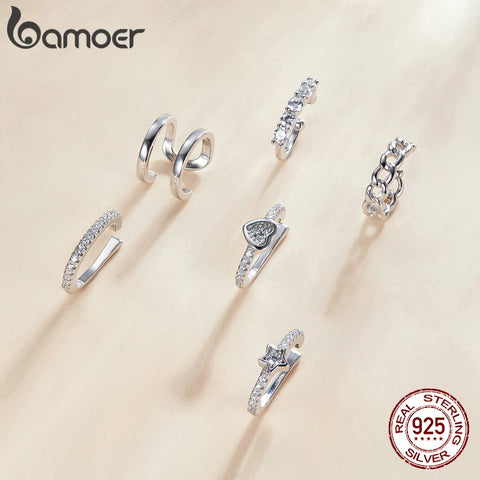 bamoer Mono-earring Silver Simple Ear Clip Earring 925 Sterling Silver Whilte Zircon Earring Gift for Girl Fine Jewelry SCE1022